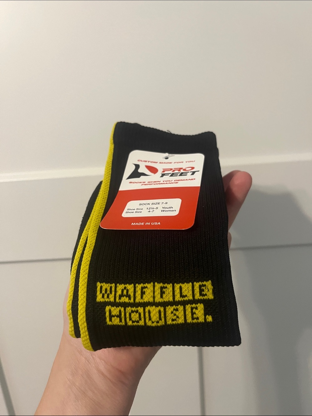 Waffle House Pro Feet Womens 4-7 Youth 12 1/2-5 Black & Yellow Crew Socks NEW